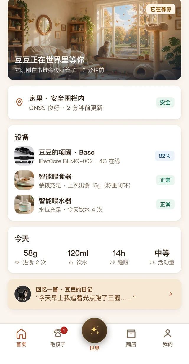 萌宠芯 App 首页界面示意：世界卡片、安全围栏状态、三件设备状态与当日进食饮水睡眠活动数据